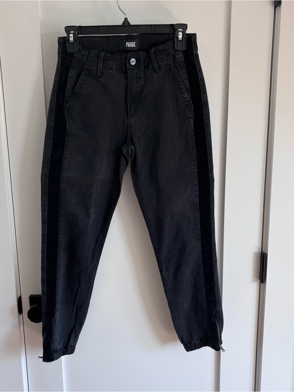 PAIGE Black Mid-Rise Jogger Pants with Side Velvet Trim